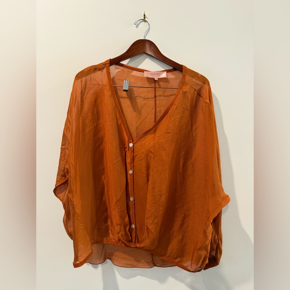 Scandal Italy Elegant Sheer Burnt Orange Blouse OS
